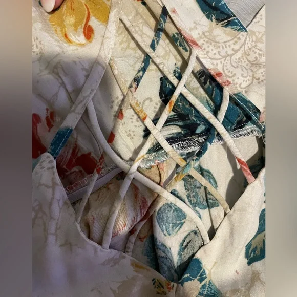 Floral blue, red, yellow cream dress with spaghetti straps, detailed strap back. - Picture 3 of 3